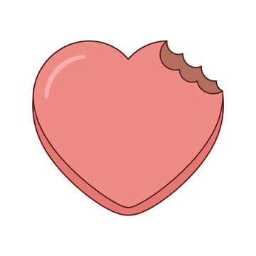Bitten Heart Shaped Pink Chocolate Candy Illustration for Valentine's Day, Vector Icon Isolated on White Background