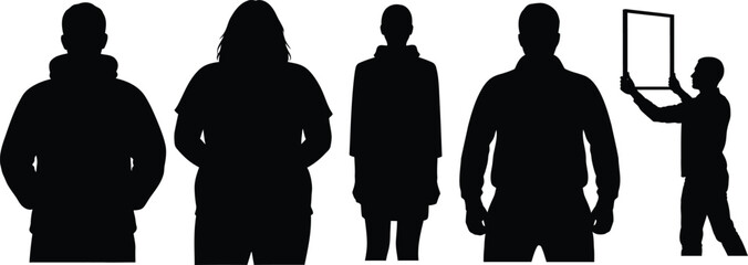 Silhouettes of people in a line with one holding a picture frame
