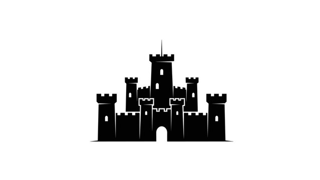Silhouette of a majestic castle with towers and battlements against a clear white background