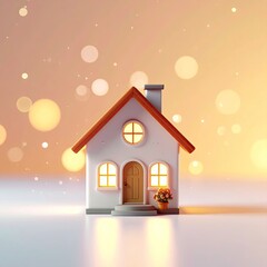 Cozy cartoon house with warm glow, surrounded by soft bokeh lights