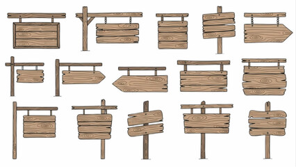 Fototapeta premium Collection of rustic wooden signs with various shapes and styles