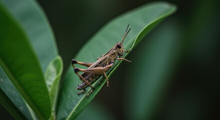 Fototapeta premium Grasshopper perched on a green leaf closeup.