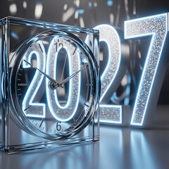 New year 2027 countdown with a clock in a glass cube