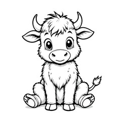 A cute cartoon bull sitting on the ground with a happy expression
