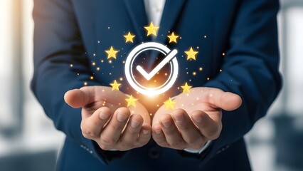 Businessman holding a glowing checkmark surrounded by gold stars representing five-star quality and customer satisfaction.