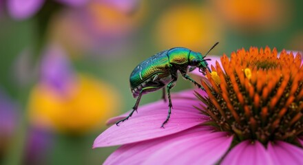 Fototapeta premium Green Beetle on Purple Flower Petal Closeup.