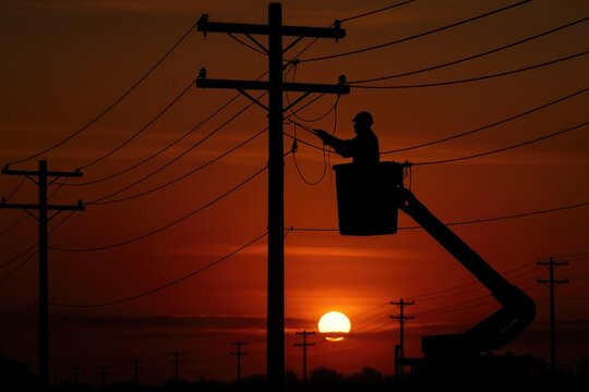 Truck sunset power pole striking captures high tending against vibrant highlights dedication workers, lines utility, silhouette line, worker bucket.