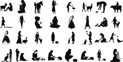Collection of human and animal silhouettes in various poses and activities