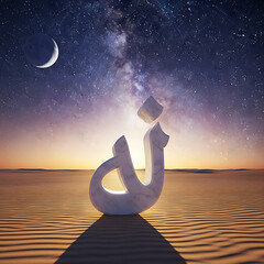 Arabic calligraphy symbol in desert landscape under starry night sky