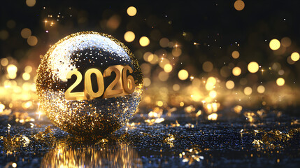 A sparkling crystal ball with the year 2020 written in gold letters on a dark background with bright lights and glitter