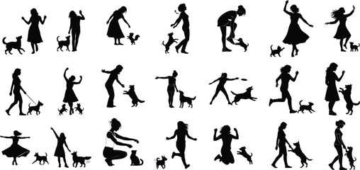 Silhouette of people and their dogs in various poses and activities