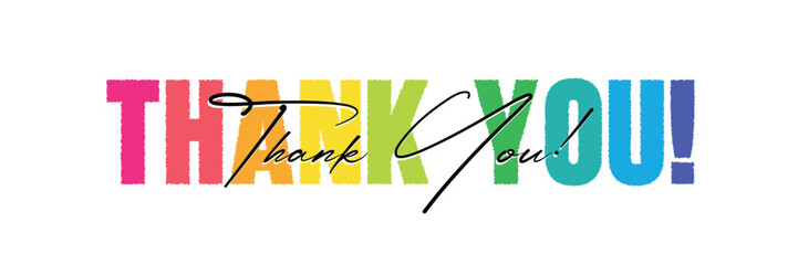 Rainbow-colored mixed typography THANK YOU! banner with brush calligraphy