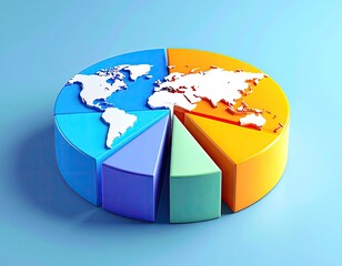 Colorful 3D pie chart with continents on it, representing global data
