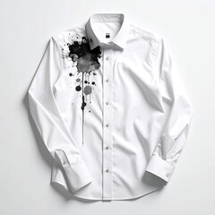 White button-down shirt with a large, black ink splatter design
