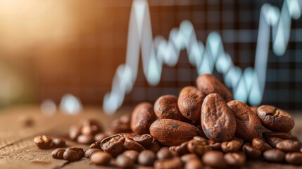 Raw cocoa and roasted coffee beans on wood with stock market graph illustrating price fluctuations