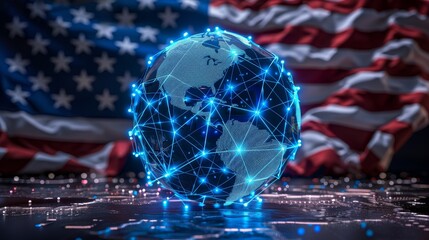 Digital concept of import tariffs with holographic globe on american flag for trade insights