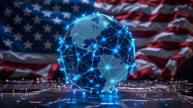 Digital concept of import tariffs with holographic globe on american flag for trade insights - Powered by Adobe