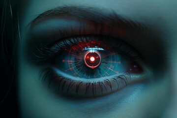 Humanoid eye with digital red light interface representing artificial intelligence and future technology