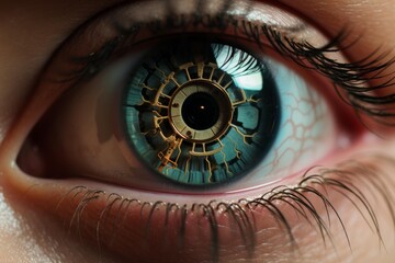 Closeup of a human eye transforming into a bionic, clockwork, and futuristic vision