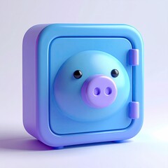 Cute, blue, rounded-cube safe with a pig face door. 3D rendered
