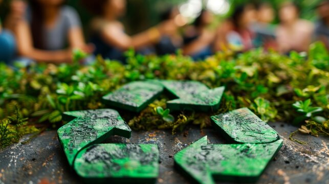 Team meeting in modern office featuring green recycle symbol on eco friendly living wall - Powered by Adobe