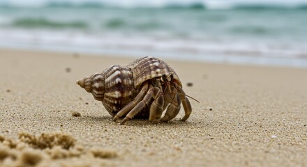 Hermit Crab on Sandy Beach by Ocean.
