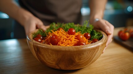 Hands presenting a rustic wooden bowl filled with a vibrant salad of shredded carrots cherry tomatoes and fresh green herbs
