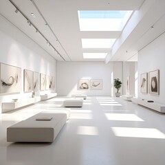 Bright, modern art gallery with skylights and framed artwork