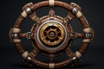 Naklejka premium Steampunk inspired circular device with wooden rim, metal accents, and central golden mechanism, evoking a ship's wheel or intricate clockwork