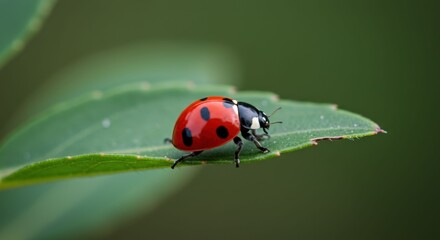 Fototapeta premium Ladybug on a green leaf closeup.