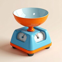 Retro, vibrant kitchen scale with colorful bowl, dials, and a smooth surface
