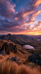 Stunning Sunset Over New Zealand Hills and Lake Landscape