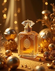 Premium Oud Perfume Bottle with Royal Gold Emblem and Festive Bokeh Lights