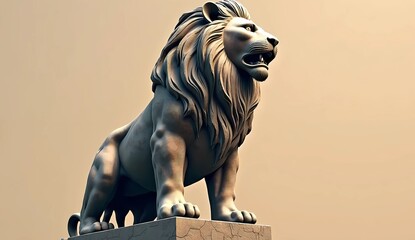 Majestic Stone Lion Statue Standing on Pedestal Against Neutral Background