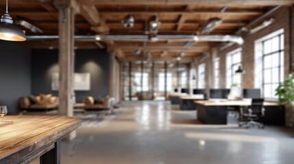 warm blurred industrial coworking office interior 