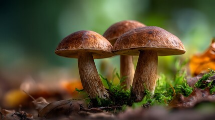 Three Brown Mushrooms in Forest Floor Leaf Litter Detail View