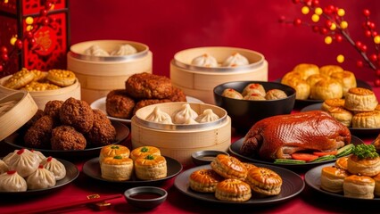 A lavish spread of Chinese New Year dishes, including roasted duck and dim sum, set against a vibrant red backdrop