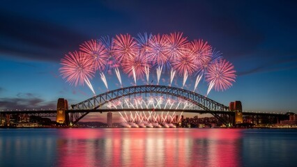 Sydney Harbour Bridge fireworks at twilight, vibrant red and blue explosions reflecting on water