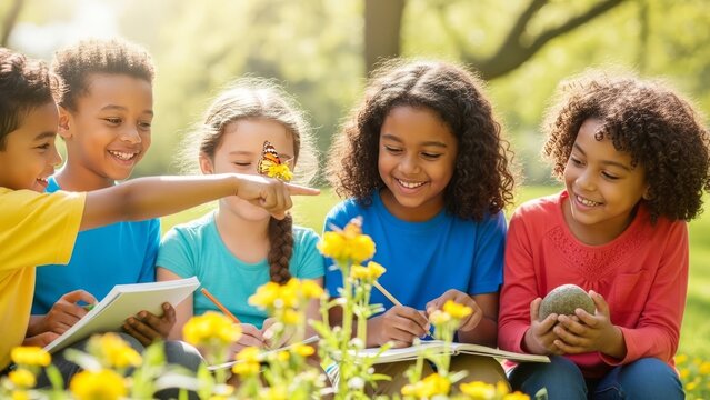 Children learning about nature in a sunny park