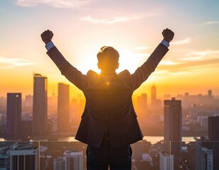 Backlit businessman with arms raised, overlooking cityscape at sunrise