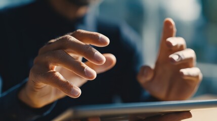 hands gesturing during video call on tablet face not shown virtual meeting remote communication online consultation telemedicine digital healthcare appointment video  