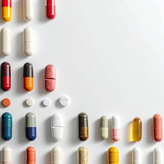 Assortment of colorful pills and capsules arranged on a white surface