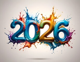 Bold, glossy numerals "2026" with colorful splash effects on white