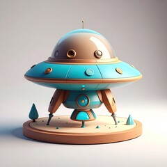 Cartoonish, turquoise and brown spaceship on a platform, stylized