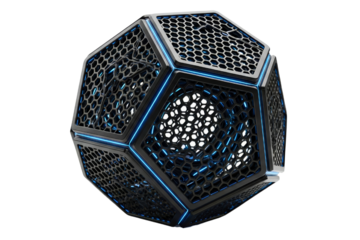 Futuristic black wireless speaker with geometric grill and blue light on a transparent background