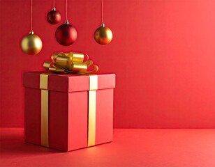 Red gift box with gold ribbon, ornaments on red backdrop