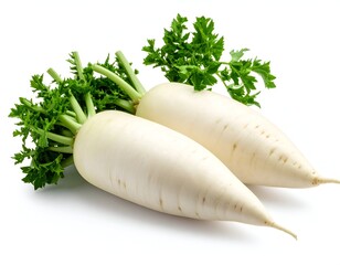 Two large white root vegetables with green tops, isolated