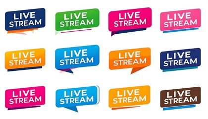 Collection of stylized rectangular and speech bubble-shaped badges, each displaying "LIVE STREAM" in bold, sans-serif font against various vibrant backgrounds