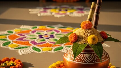 Harvest festival pot with rice, flowers, and sugarcane on Rangoli
