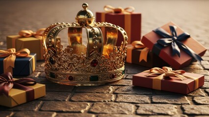 Golden regal crown and gifts on stone floor